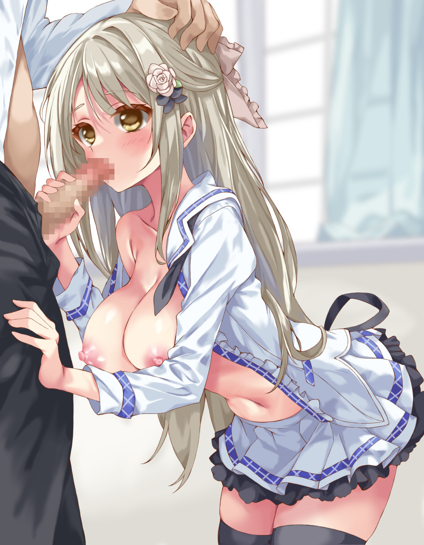 1boy 1girl absurdres black_necktie black_pants black_thighhighs blonde_hair blurry blurry_background blush bow breasts censored clothed_sex collarbone commission cowboy_shot enamori_senri erection fellatio flower frilled_jacket frilled_skirt frills from_side hair_bow hair_flower hair_ornament half_updo hand_on_another's_head hand_up hetero highres iwato_(celler) jacket large_breasts layered_skirt leaning_forward long_hair long_sleeves miniskirt mosaic_censoring navel necktie nipples no_bra off_shoulder open_clothes open_jacket oral pants penis penis_grab pleated_skirt priministar sidelocks single_bare_shoulder skeb_commission skirt straight_hair swept_bangs thighhighs undone_necktie white_jacket white_skirt window yellow_eyes zettai_ryouiki