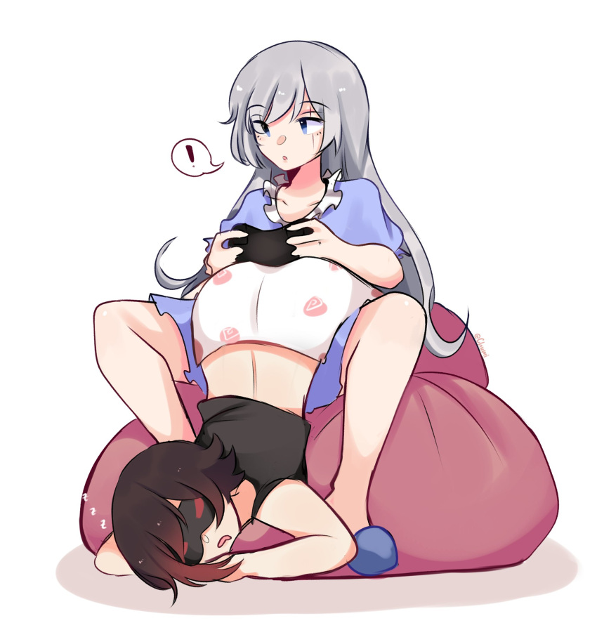 ! 2girls artist_name bean_bag_chair black_hair blue_eyes blue_nightgown chumi controller eye_mask game_controller gradient_hair grey_hair highres leg_lock long_hair multicolored_hair multiple_girls nightgown pajamas pink_pajamas red_hair ruby_rose rwby scar scar_across_eye short_hair sleeping sleeping_on_person slippers spread_legs upside-down weiss_schnee white_background