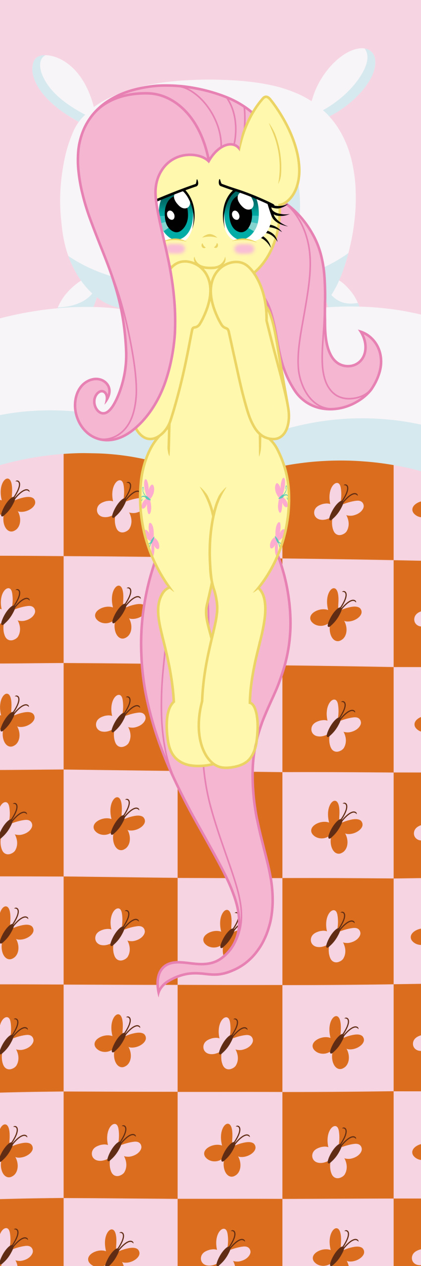 absurd_res asiagosandwich bed blush dakimakura_design equid equine female feral fluttershy_(mlp) friendship_is_magic furniture hair hasbro hi_res horse long_hair lying mammal my_little_pony on_back on_bed pink_hair pony solo yellow_body