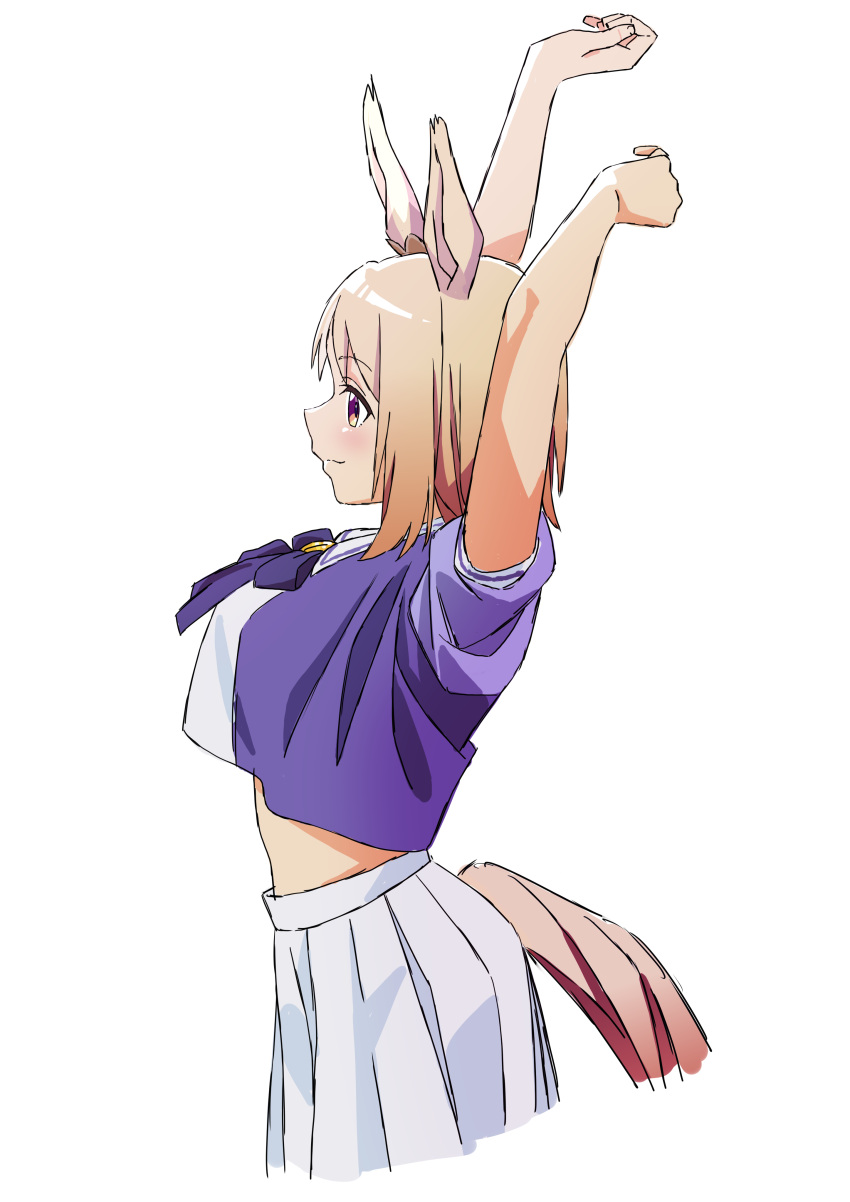 1girl absurdres animal_ears arms_up blonde_hair bow bowtie breasts closed_mouth from_side highres horse_ears horse_girl medium_breasts mugi0913 narita_top_road_(umamusume) orange_eyes profile purple_shirt sailor_collar school_uniform shirt short_hair short_sleeves sideways_mouth simple_background skirt smile solo stretching tracen_school_uniform umamusume upper_body white_background white_skirt