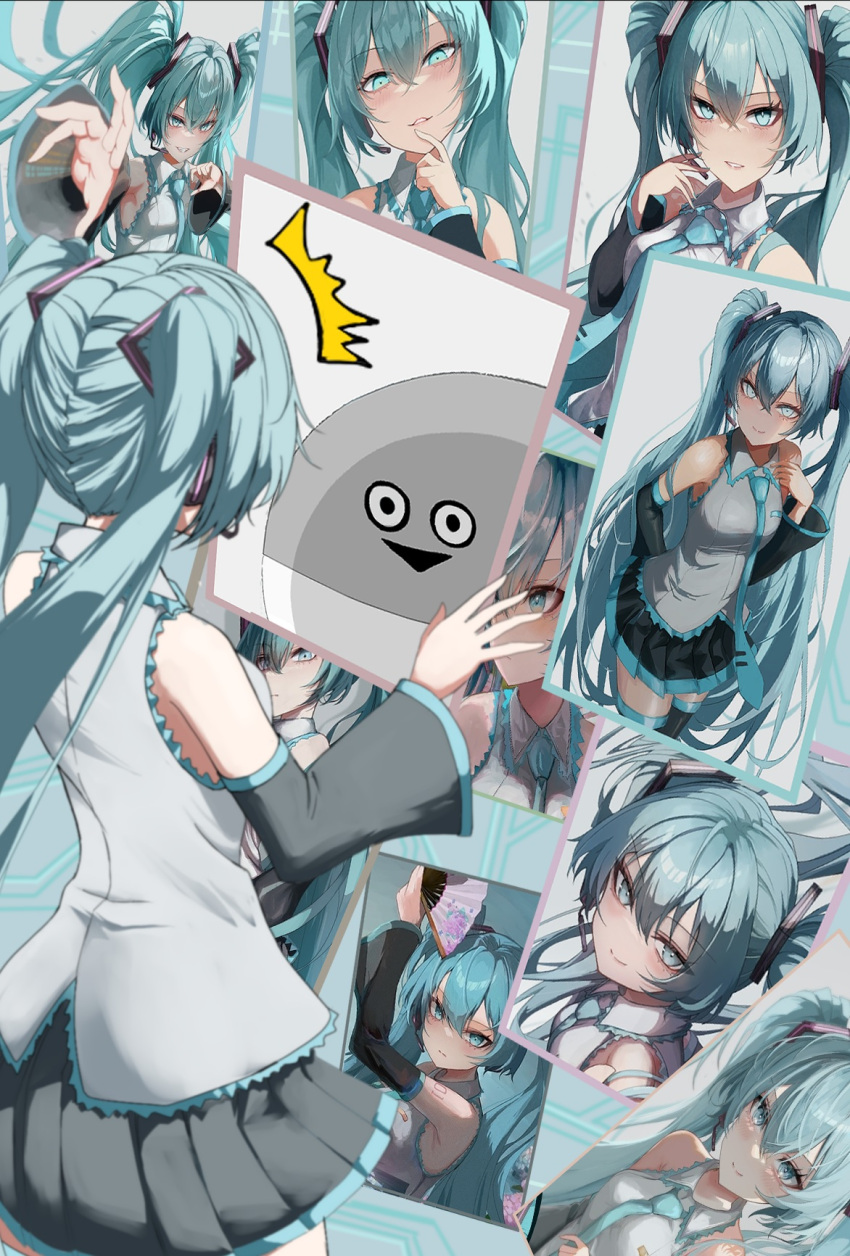 1girl annotated aqua_eyes aqua_hair aqua_necktie artist_self-reference black_skirt blush boots collared_shirt commentary_request detached_collar from_behind grey_shirt hand_fan hatsune_miku highres holding holding_fan holding_picture kawasuru_(15miclon) long_hair looking_at_viewer necktie picture_(object) pleated_skirt sacabambaspis shirt sidelocks skirt sleeveless sleeveless_shirt thigh_boots twintails vocaloid