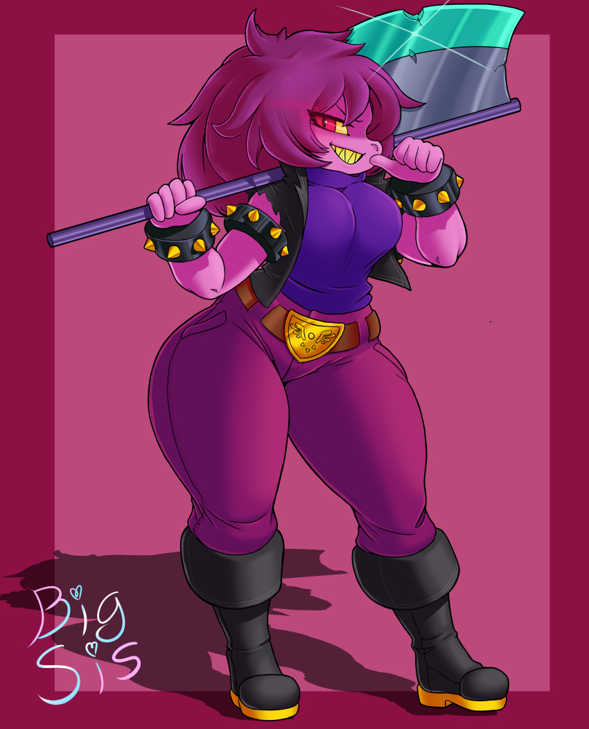 2023 absurd_res anthro armwear belt belt_buckle big_breasts big_butt big_sis_(artist) boots bottomwear bracelet breasts butt clothed clothing deltarune evil_grin female footwear full-length_portrait fully_clothed glowing glowing_eyes hair hi_res holding_object holding_weapon huge_thighs jewelry lgbt_pride pants pink_body portrait pride_colors purple_hair red_eyes reptile scalie shaded signature sleeveless_jacket sleeveless_shirt smile smirk solo solo_focus spiked_bracelet spikes susie_(deltarune) sweater thick_thighs topwear transgender_pride_colors turtleneck undertale_(series) weapon yellow_sclera