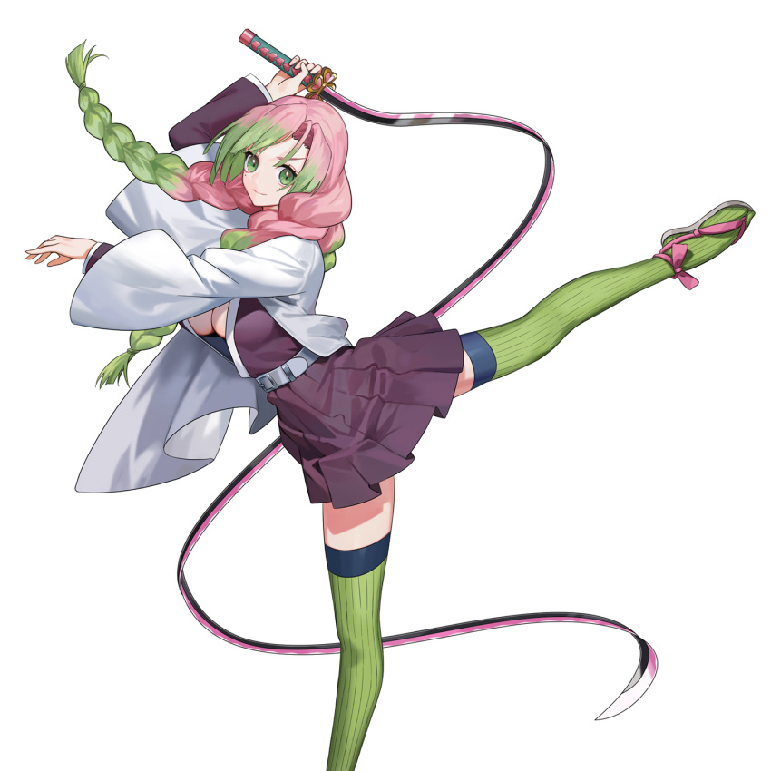 1girl arm_up belt belt_buckle braid buckle closed_mouth demon_slayer_uniform floating_hair full_body green_eyes green_hair green_thighhighs grey_belt haori highres holding holding_sword holding_weapon jacket japanese_clothes kanroji_mitsuri kimetsu_no_yaiba long_hair long_sleeves miniskirt mole mole_under_eye multicolored_hair open_clothes open_jacket peach_luo pink_hair pleated_skirt purple_jacket purple_skirt simple_background skirt smile solo standing standing_on_one_leg sword thighhighs tri_braids two-tone_hair very_long_hair weapon white_background zettai_ryouiki