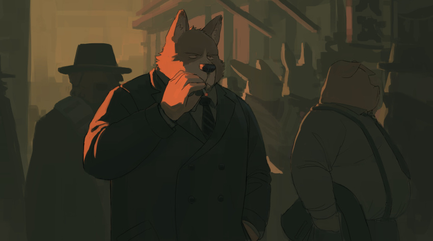 2023 absurd_res anthro canid canine canis clothing detailed_background domestic_dog domestic_pig group hat headgear headwear hi_res huynhduyad14 kemono male mammal necktie overweight overweight_male shirt smoking suid suina suit sus_(pig) suspenders topwear