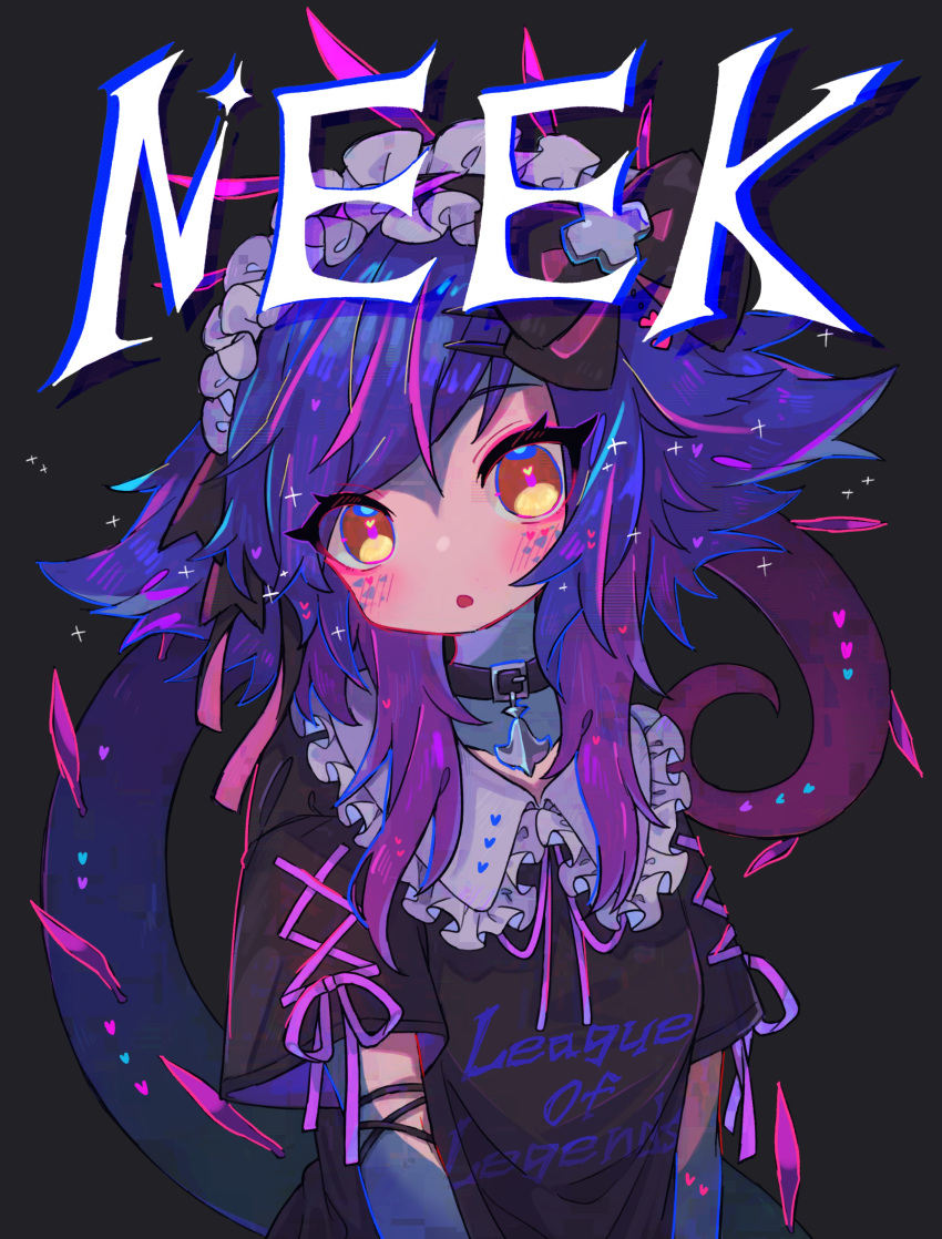 1girl :o absurdres alternate_costume black_choker black_shirt blue_hair blue_skin blush character_name choker collarbone colored_skin copyright_name dokumi enmaided green_skin highres league_of_legends long_hair maid maid_headdress multicolored_skin neeko_(league_of_legends) orange_eyes pink_hair pink_skin shirt short_sleeves solo tail upper_body