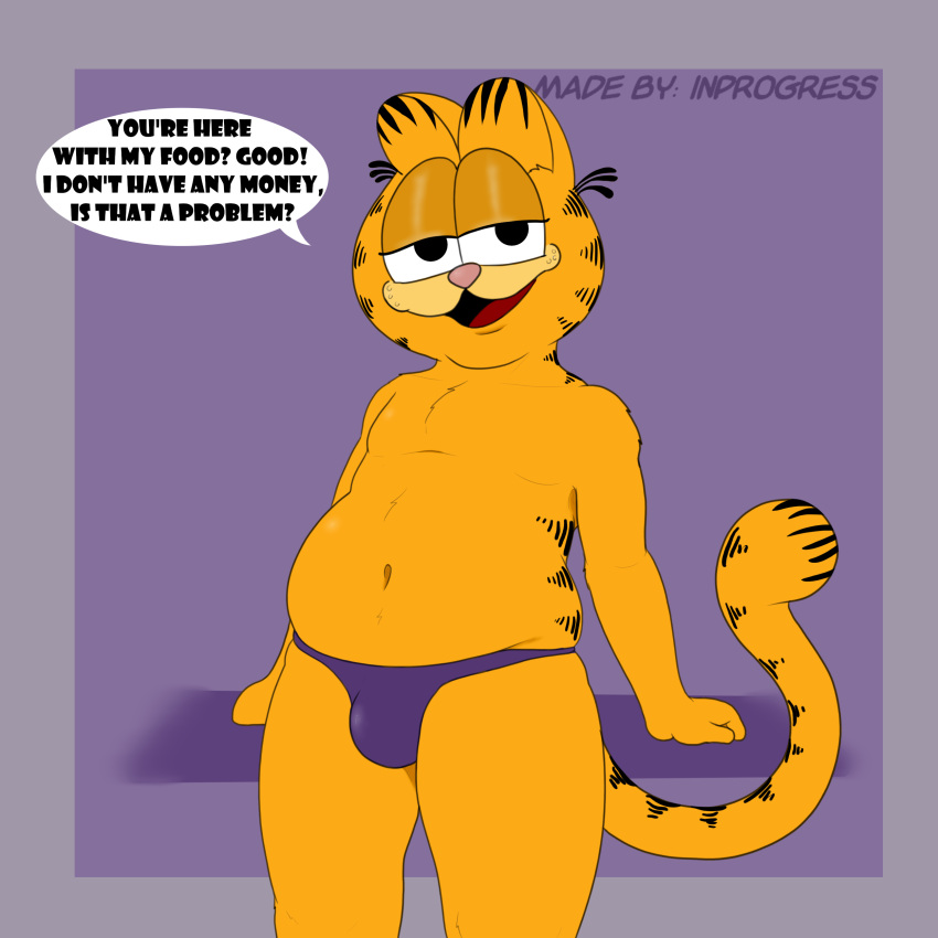 absurd_res anthro belly bulge clothing dialogue domestic_cat english_text felid feline felis front_view garfield_(series) garfield_the_cat hi_res inprogress looking_at_viewer male mammal solo standing tail text thong underwear