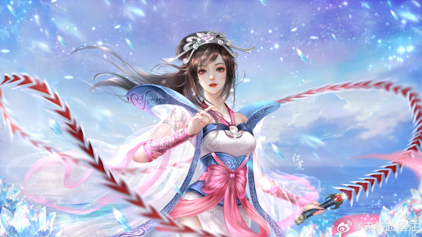 1girl absurdres brown_hair chi_lian_(qinshi_mingyue) cloud cloudy_sky dress flower hair_bun highres holding holding_weapon jiu_bai_1212 long_hair lotus o-ring_dress ocean parted_lips qinshi_mingyue ribbon sash second-party_source see-through sky snowing solo teeth tiara weapon whip_sword white_dress