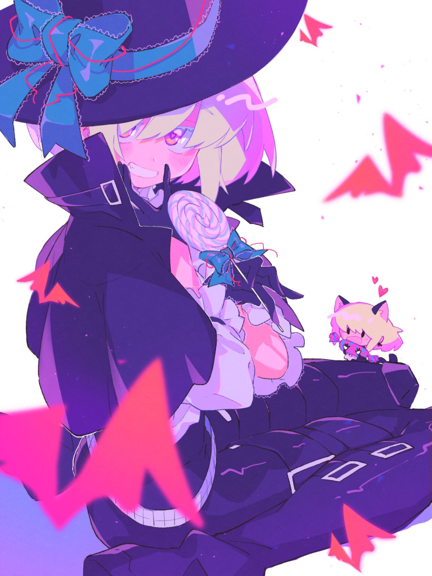 1boy 3yzar65 :d animal_ears bat_(animal) belt black_capelet black_pants blonde_hair blue_ribbon blush candy capelet cat_ears chibi commentary food frilled_sleeves frills from_side gloves grin half_gloves halloween hat hat_ribbon highres holding holding_candy holding_food holding_lollipop lio_fotia lollipop looking_at_viewer male_focus otoko_no_ko pants promare purple_eyes ribbon shirt short_hair simple_background sitting smile solo swirl_lollipop symbol-only_commentary thigh_belt thigh_strap wariza white_background white_belt white_shirt witch_hat