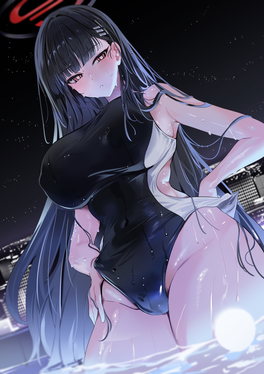 1girl absurdres bare_shoulders black_hair blue_archive blunt_bangs blush breasts building covered_navel hair_ornament hairclip halo highleg highleg_swimsuit highres huge_breasts long_hair looking_at_viewer night one-piece_swimsuit pool red_eyes rio_(blue_archive) solo swimsuit thick_thighs thighs two-tone_swimsuit very_long_hair wading wet yuki_(asayuki101)