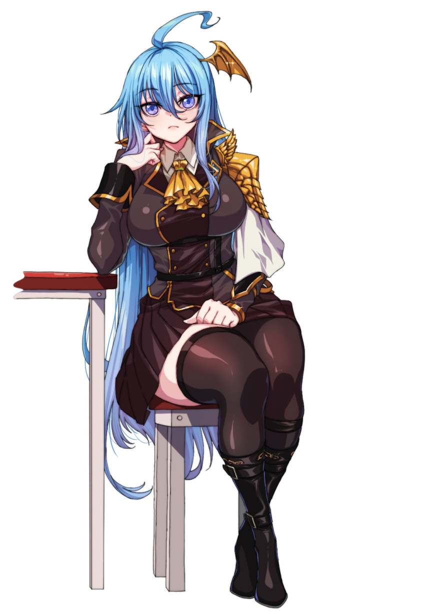 1girl :&lt; ahoge boots chair closed_mouth commission commissioner_upload douluo_dalu full_body glint gradient_hair half_capelet hand_on_lap highres long_hair long_sleeves multicolored_hair pixiv_commission rantia sitting solo table thighhighs uniform wang_qiu_er_(douluo_dalu) wing_hair_ornament wrist_cuffs