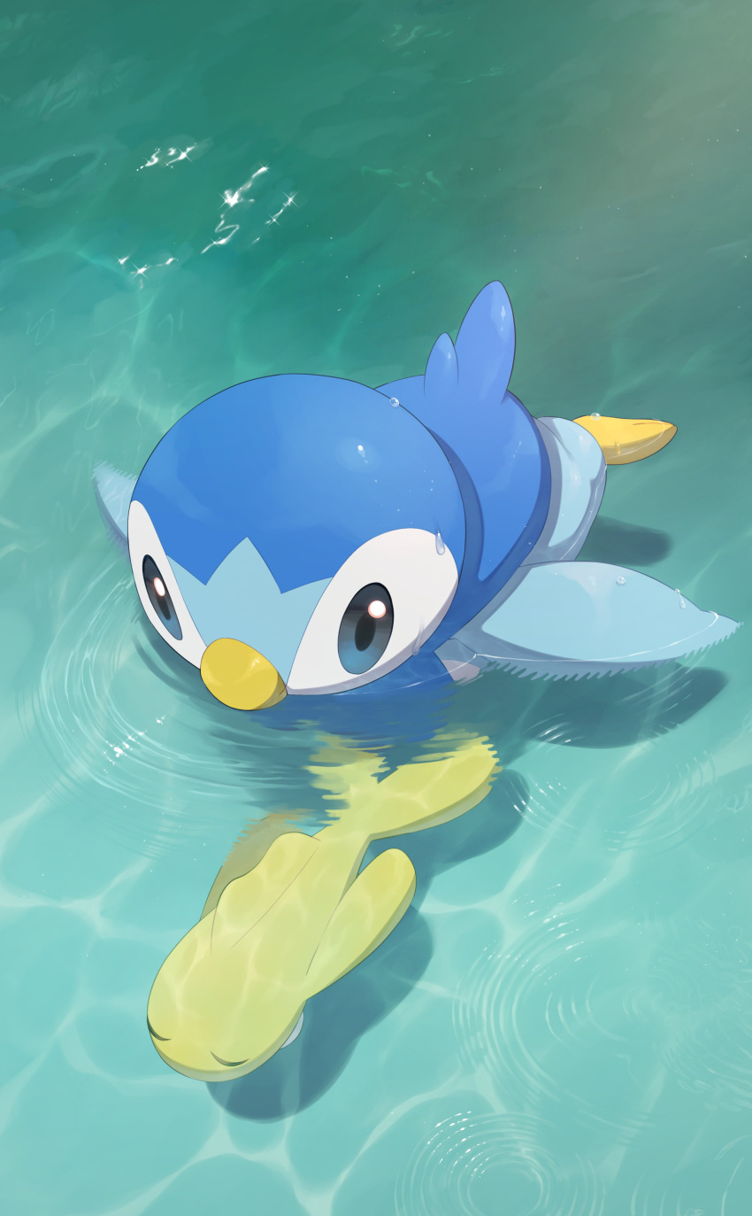 absurdres afloat blue_eyes closed_eyes commentary_request day fish highres no_humans nullma outdoors piplup pokemon pokemon_(creature) ripples swimming tatsugiri water wet