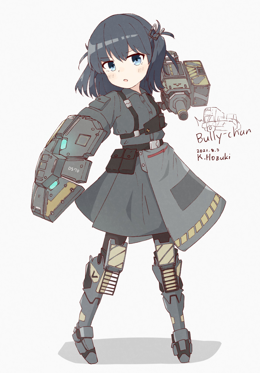 1girl absurdres armored_boots battle_of_titans belt black_hair black_thighhighs blue_eyes boots bully_(battle_of_titans) cannon hair_ornament highres holding holding_shield hozukikasumi mecha_musume mechanical_legs mechanical_parts military open_mouth shield shirt short_twintails shoulder_cannon skirt solo standing t-shirt thighhighs twintails utility_belt waist_cape white_background