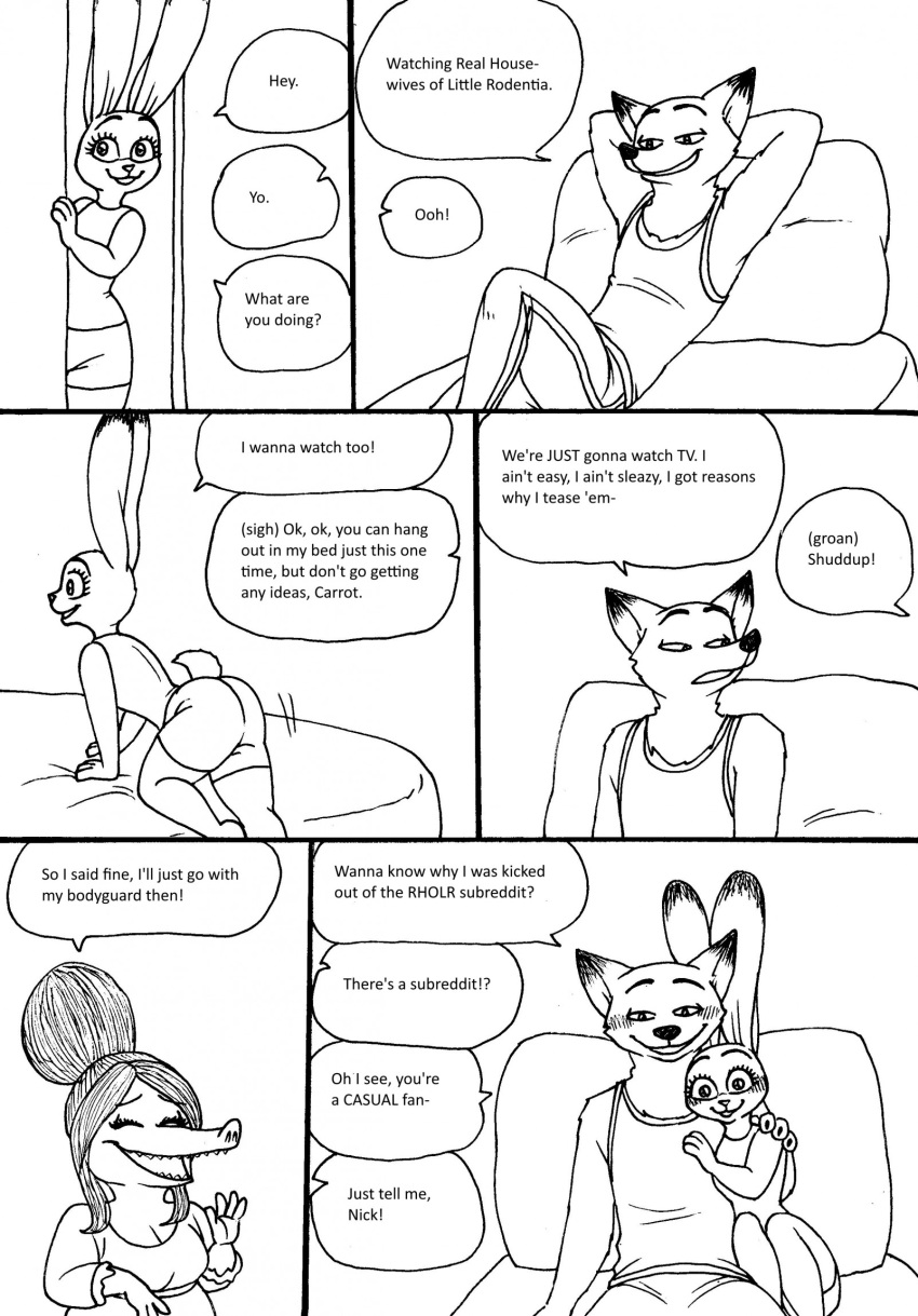 2023 4_fingers anthro bed bernielover bernielover's_college_au blush bottomwear breasts butt canid canine claws clothed clothing comic dialogue disney english_text eulipotyphlan female finger_claws fingers fox fru_fru fur furniture group hair hi_res humanoid_hands judy_hopps lagomorph leporid male male/female mammal monochrome nick_wilde pants rabbit shirt shorts shrew sitting smile speech_bubble tank_top text topwear trio watching_tv zootopia
