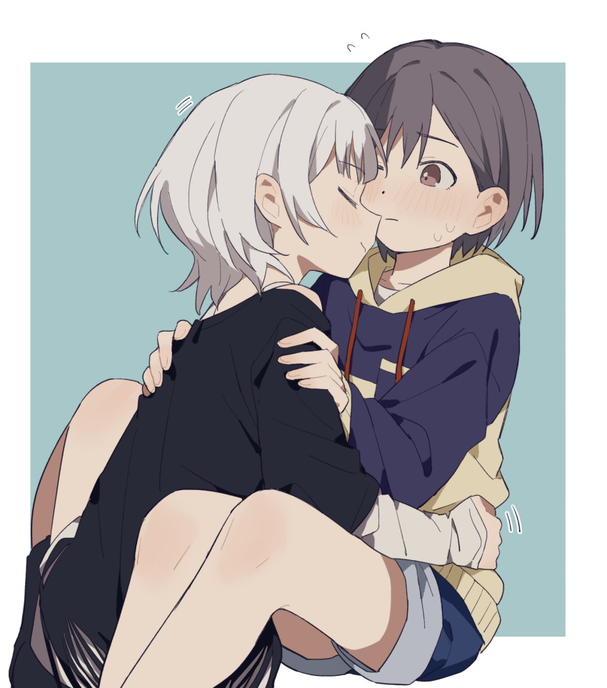 2girls bang_dream! black_shirt blue_background blush border brown_eyes closed_eyes coldcat. cuddling dot_nose drawstring facing_another flying_sweatdrops grey_hair hair_behind_ear hands_on_another's_hips highres hood hood_down hoodie kaname_rana layered_clothes legs_together motion_lines multiple_girls nose_blush off-shoulder_shirt off_shoulder outside_border purple_hoodie shirt short_hair simple_background sitting takamatsu_tomori two-tone_hoodie white_border white_hair yuri