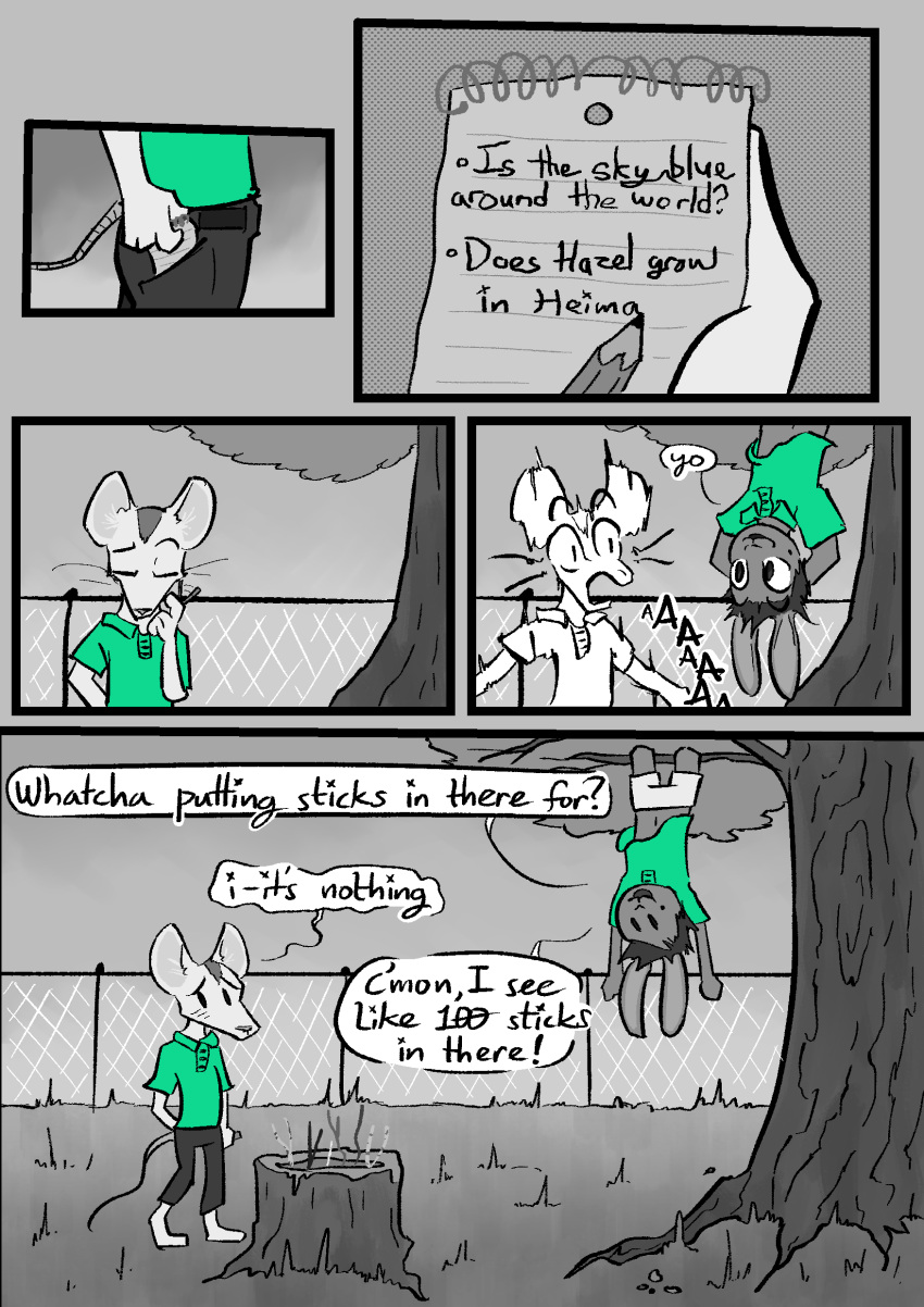 2023 absurd_res anthro beauchamp_(halcyon) clothed clothing comic dialogue digital_media_(artwork) duo english_text fur greyscale hair halcyon_(series) herba_(halcyon) hi_res lagomorph leporid lost_andsafe male male/male mammal monochrome mouse murid murine plant rabbit rodent simple_background tail text tree