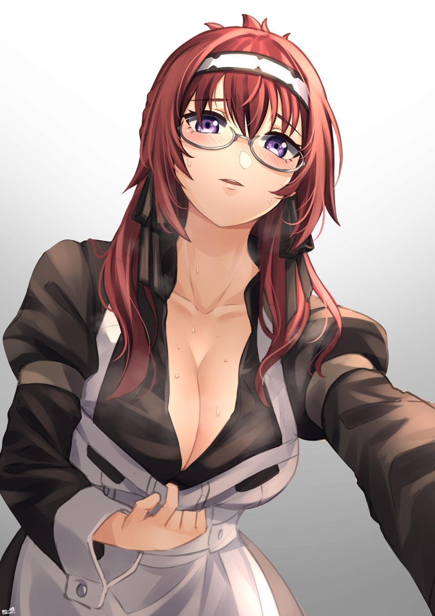 1girl absurdres apron black_dress blush breasts cleavage collarbone dress fadilah-rd49 glasses hairband highres large_breasts lillia_greyrat long_sleeves maid maid_apron mushoku_tensei open_clothes purple_eyes red_hair solo sweat upper_body white_apron white_background