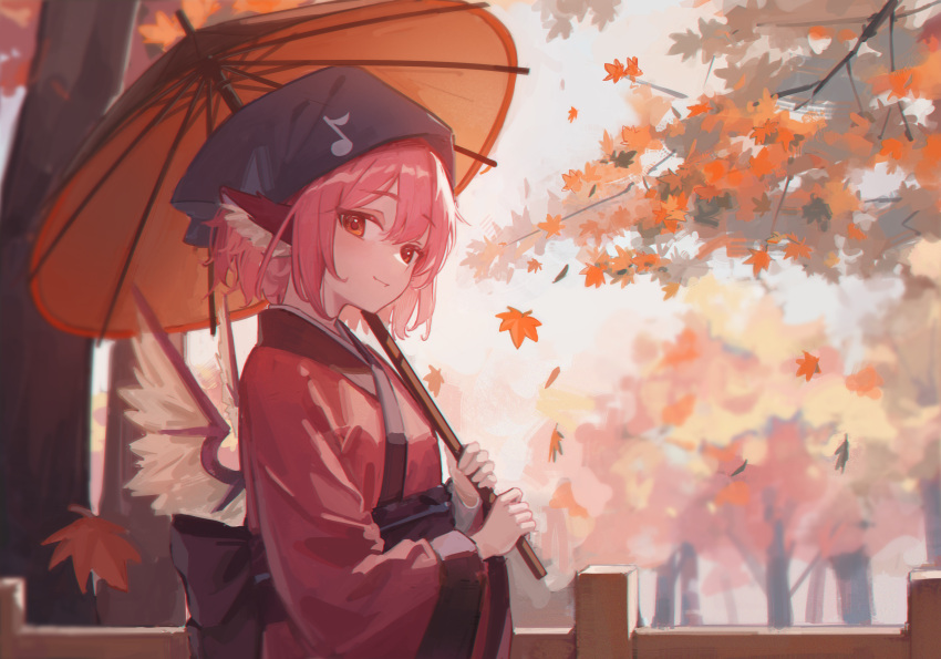 1girl absurdres animal_ears bird_ears bird_wings black_headwear brown_eyes brown_kimono calcite eighth_note hair_between_eyes head_scarf highres holding holding_umbrella japanese_clothes kimono leaf long_sleeves maple_leaf musical_note musical_note_print mystia_lorelei obi oil-paper_umbrella okamisty pink_hair sash short_hair solo touhou touhou_mystia's_izakaya umbrella white_wings wide_sleeves wings