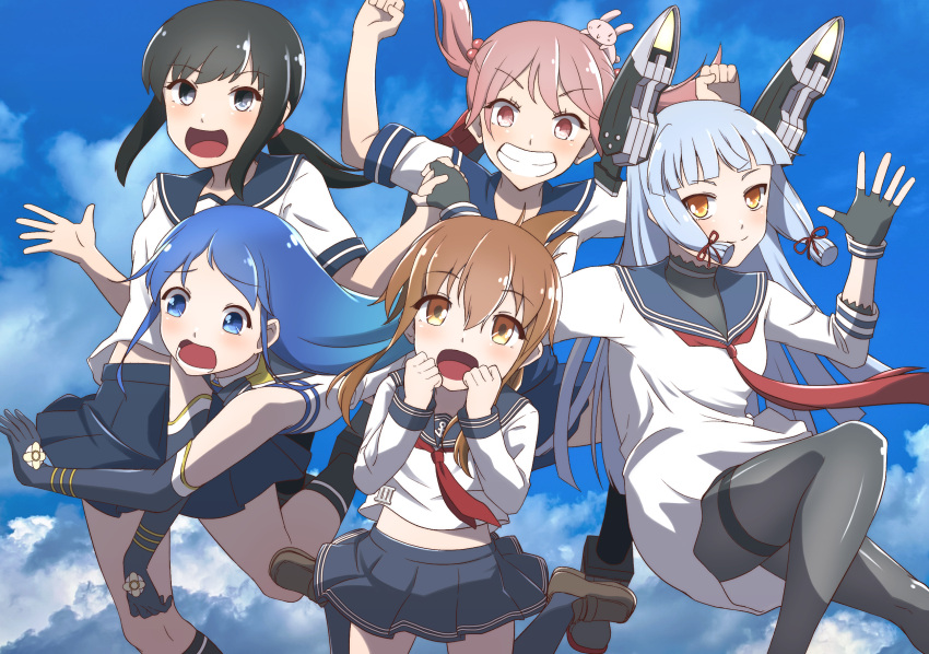 5girls antenna_hair black_gloves black_thighhighs blue_eyes blue_hair brown_eyes brown_footwear brown_hair fubuki_(kancolle) gloves grey_hair highres inazuma_(kancolle) kantai_collection kuroyaki_soba long_hair multiple_girls murakumo_(kancolle) pink_eyes pink_hair ponytail rabbit samidare_(kancolle) sazanami_(kancolle) school_uniform short_hair skirt thighhighs yellow_eyes