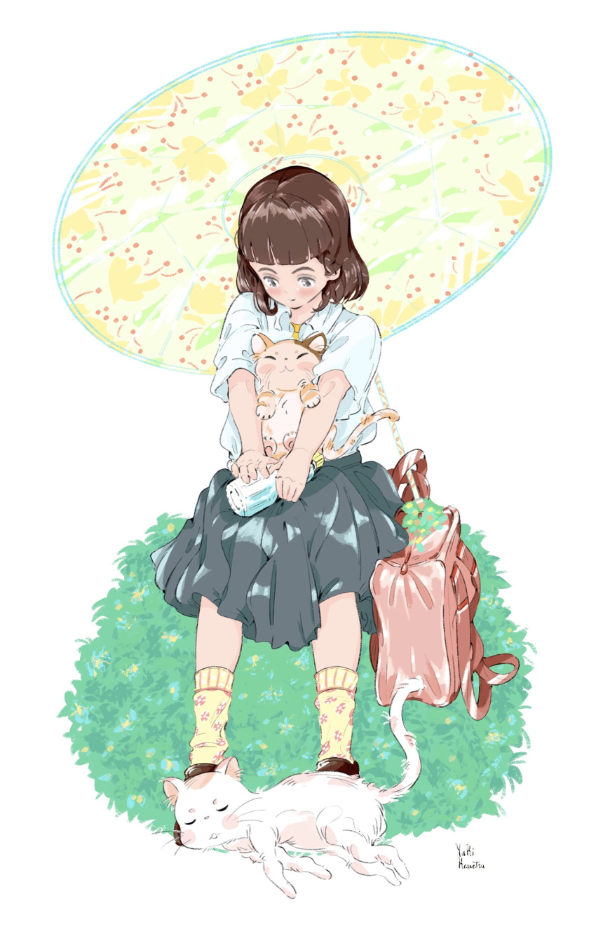 1girl absurdres black_footwear black_skirt blunt_bangs blush bottle brown_hair cat collared_shirt full_body highres kawatsu_yuuki medium_hair original print_socks red_bag shirt shirt_tucked_in shoes short_sleeves sitting skirt smile socks solo white_shirt yellow_socks