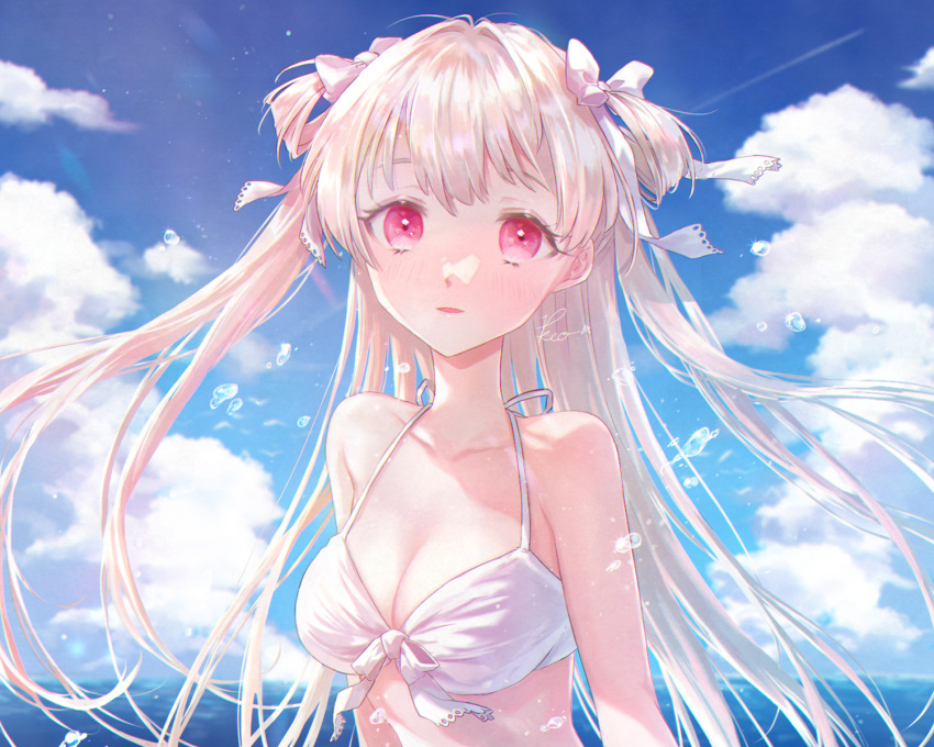 1girl bikini blue_sky blush breasts cleavage cloud collarbone commentary_request day floating_hair grey_hair hair_ribbon highres long_hair looking_at_viewer medium_breasts original outdoors parted_lips peco_(ppeco0) red_eyes ribbon sky solo swimsuit two_side_up upper_body water white_bikini white_ribbon