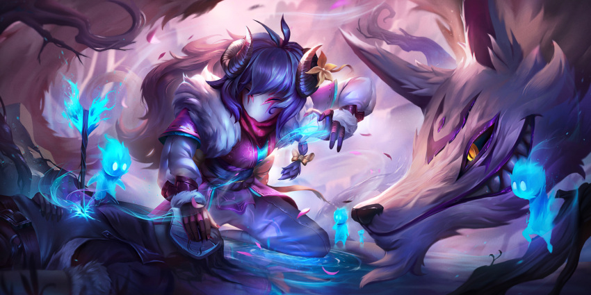 1girl 1other absurdres antenna_hair arrow_(projectile) arrow_in_body black_sclera blue_hair braid colored_sclera corpse curled_horns flower gloves glowing grin hair_between_eyes hair_flower hair_ornament highres horn_flower horns kindred_(league_of_legends) kodama lamb_(league_of_legends) league_of_legends long_hair lying magic mask official_alternate_costume official_alternate_hairstyle on_back purple_hair sharp_teeth shirt side_braid single_braid smile spirit_blossom_(league_of_legends) spirit_blossom_kindred teeth vomin.tuan_(kin_kin) wolf_(league_of_legends) yellow_eyes