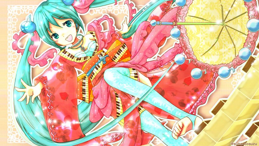 aqua_eyes aqua_hair feet hair_decorations hatsune_miku japanese_clothes jewelry kimono long_hair niconico parasol piano_keys solo sunaotosuzu thighhighs twintails umbrella very_long_hair vocaloid