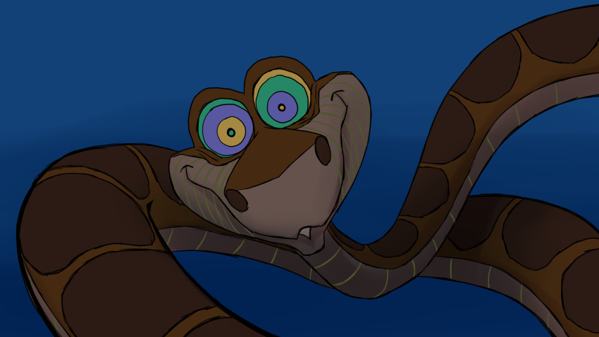 16:9 2020 blue_background brown_body brown_scales colored creepy_smile digital_drawing_(artwork) digital_media_(artwork) disney english_text ergomancy feral green_sclera hi_res hypnotic_eyes indian_rock_python kaa_(jungle_book) looking_at_viewer male multicolored_sclera on_model open_mouth purple_sclera python reptile scales scalie shaded simple_background smile snake solo species_name text the_jungle_book white_text wide_eyed widescreen yellow_sclera