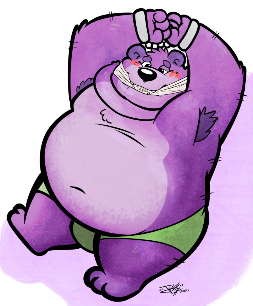 2023 anthro armpit_hair bear belly big_belly blush body_hair bound bulge clothing hi_res jakegr kemono male mammal navel overweight overweight_male purple_body simple_background solo underwear