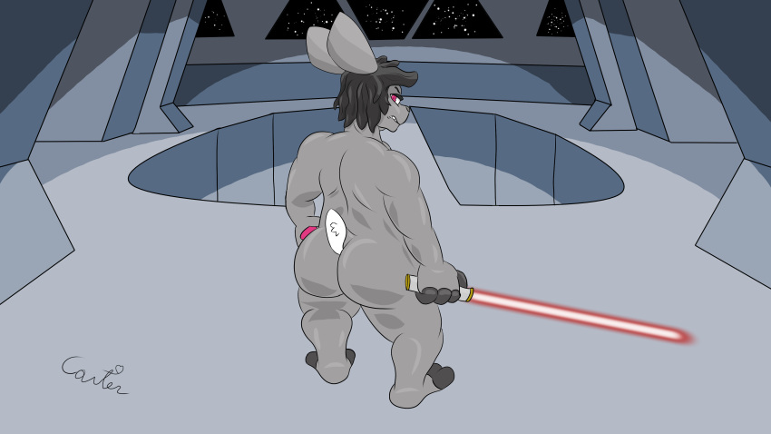 absurd_res angry anthro bear big_butt big_hands butt hi_res inside lagomorph leporid lightsaber major_carter male mammal melee_weapon muscular pknicky_(pknicky) rabbit sith slightly_chubby solo star_destroyer star_wars weapon