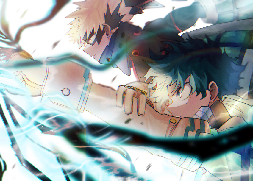 2boys bakugou_katsuki black_mask black_whip_(boku_no_hero_academia) blonde_hair bloom blurry blurry_foreground bodysuit boku_no_hero_academia bright_pupils chromatic_aberration clenched_hand electricity eye_mask film_grain flying freckles from_side gloves green_bodysuit green_eyes green_hair hand_on_own_arm hands_up headgear high_collar highres looking_ahead male_focus midair midoriya_izuku multiple_boys outstretched_arm outstretched_arms parted_lips profile red_eyes sanpaku serious short_hair simple_background single_horizontal_stripe spiked_hair tentacles uni_ssansyo upper_body white_background white_gloves white_pupils