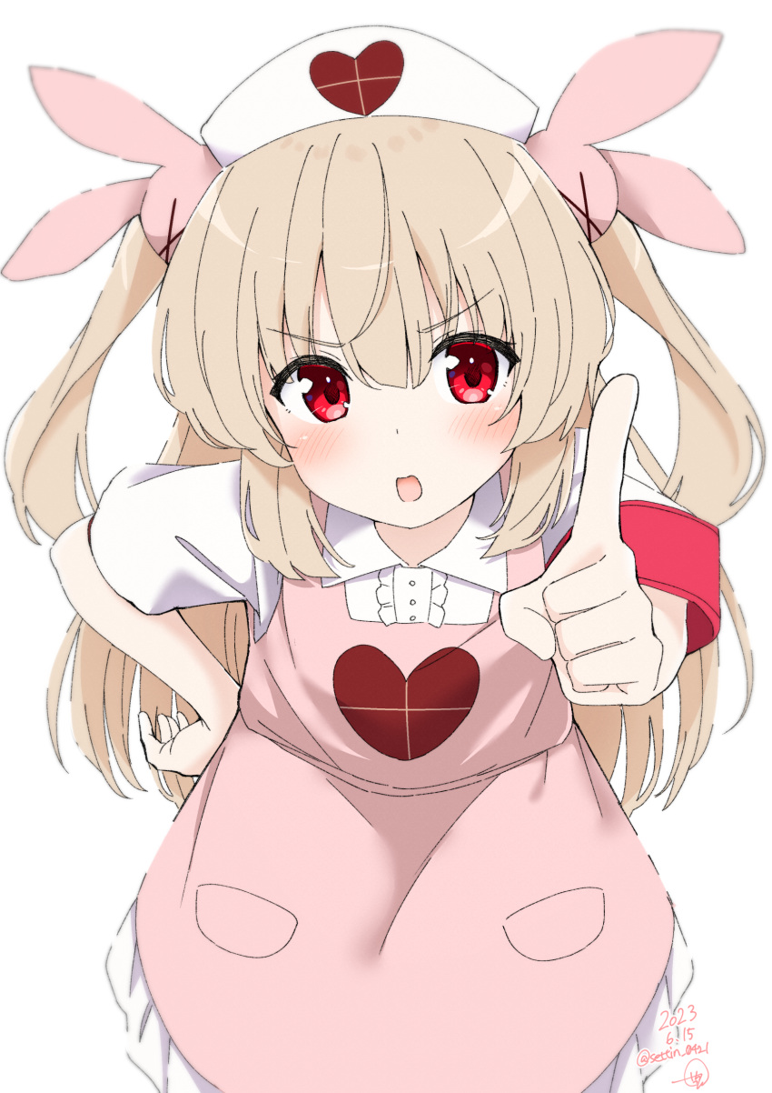 &gt;_&lt; 1girl apron armband blonde_hair blush center_frills collared_dress dress frills hair_between_eyes hair_ornament hand_on_own_hip hand_up hat heart heart_print highres index_finger_raised long_hair looking_at_viewer natori_sana nurse_cap open_mouth pink_apron pocket rabbit_hair_ornament red_armband red_eyes sana_channel sechin short_sleeves simple_background solo two_side_up v-shaped_eyebrows virtual_youtuber white_background white_dress