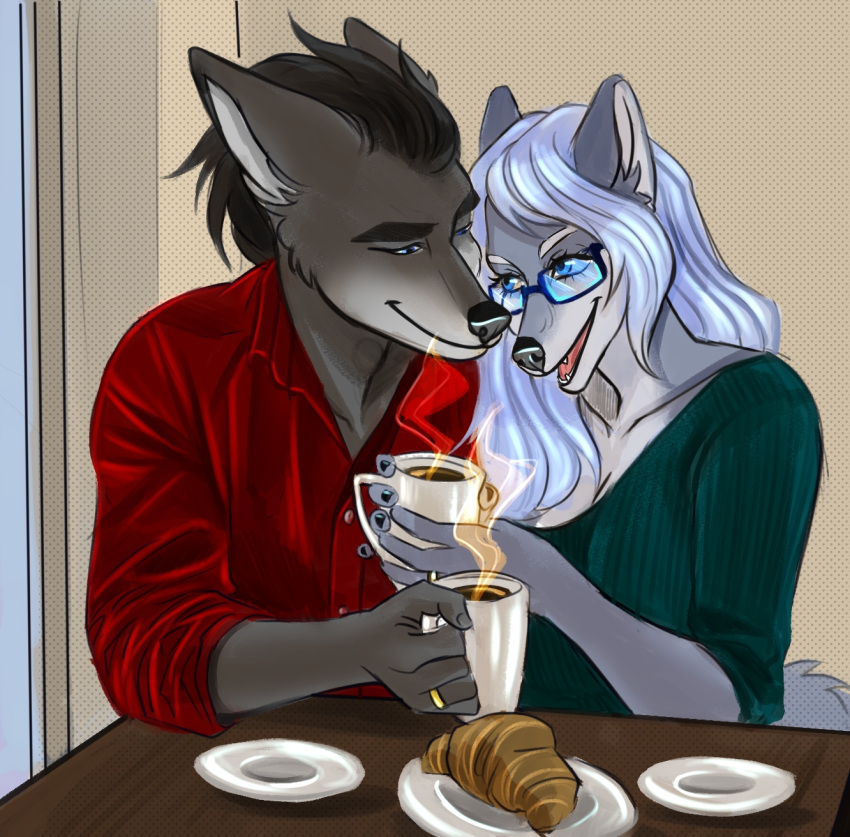 2023 5_fingers anthro artificer_(voriof1) beverage black_hair blue_eyes bread breakfast canid canine canis cinnameana clothing coffee coffee_mug croissant duo eyewear female fingers food fur furniture glasses green_clothing green_shirt green_topwear grey_body grey_fur hair hi_res holding_coffee_mug husband_and_wife looking_at_another male male/female mammal markus_ricci married_couple open_mouth plate red_clothing red_shirt red_topwear ring_(jewelry) shirt silver_hair steam table topwear wearing_glasses wolf