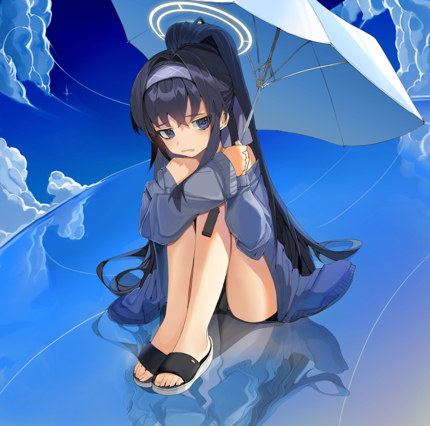 1girl absurdres bikini black_bikini black_hair blue_archive blue_jacket blue_sky blue_umbrella cloud cloudy_sky frown hair_between_eyes hair_intakes hairband halo highres holding holding_umbrella jacket knees_up long_hair long_sleeves looking_at_viewer official_alternate_costume official_alternate_hairstyle open_mouth ponytail purple_eyes purple_hairband reflective_floor sitting sky slippers solo swimsuit ui_(blue_archive) ui_(swimsuit)_(blue_archive) umbrella very_long_hair wavy_mouth white_halo yuhezi