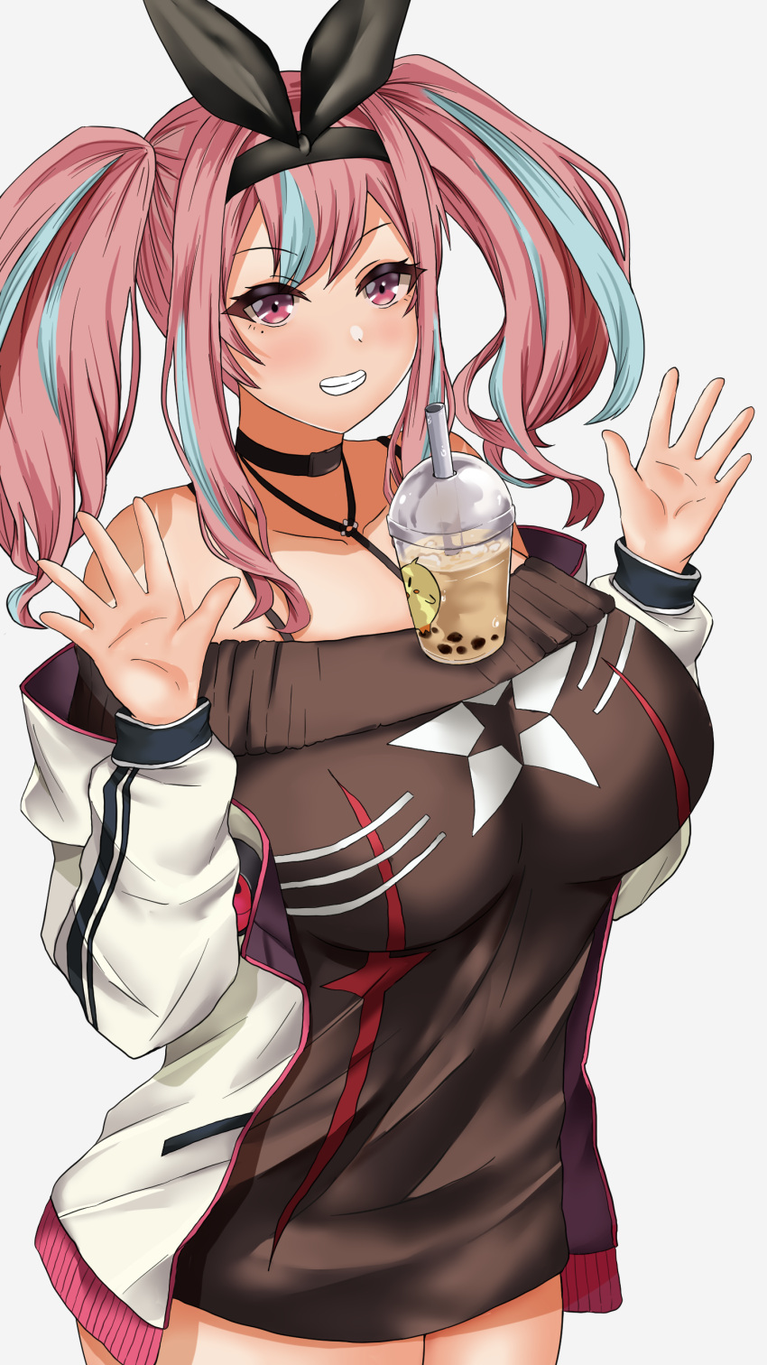 1girl absurdres azur_lane bare_shoulders between_breasts black_choker black_sweater bra_strap breasts bremerton_(azur_lane) bremerton_(day-off_date)_(azur_lane) bubble_tea bubble_tea_challenge choker cleavage collarbone commentary cowboy_shot cup disposable_cup dress drinking_straw grey_hair grin hair_intakes hair_ornament hands_up highres jacket large_breasts long_hair long_sleeves looking_at_viewer mole mole_under_eye multicolored_hair object_on_breast off-shoulder_dress off-shoulder_sweater off_shoulder official_alternate_costume open_clothes open_jacket pink_eyes pink_hair sidelocks simple_background smile solo standing star_(symbol) star_print strap_between_breasts streaked_hair sweater sweater_dress takeshiki_no_hirata teeth twintails two-tone_hair white_background white_jacket