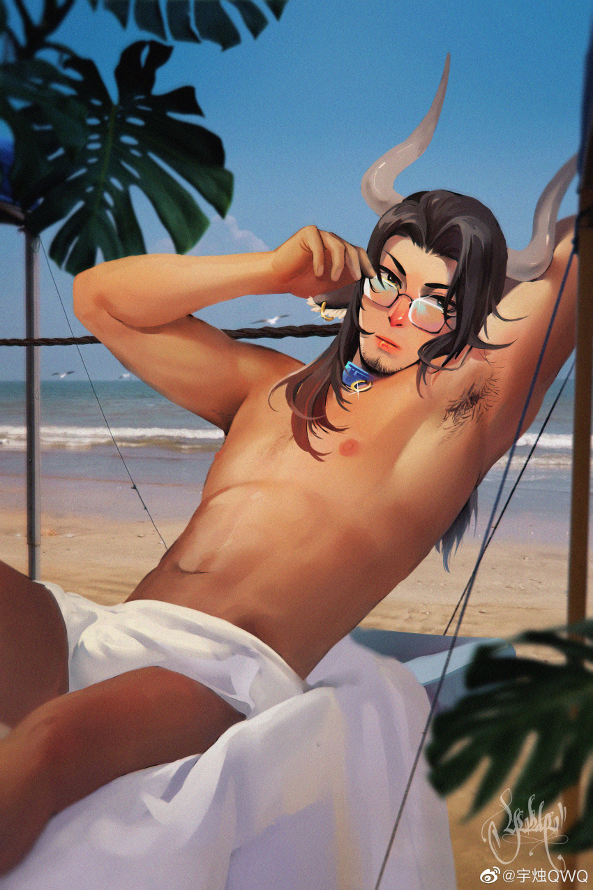 1boy abs absurdres alternate_facial_hair animal_ears arknights armpit_hair armpits artist_request bara beach bespectacled bulge cow_boy cow_ears expressionless facial_hair feet_out_of_frame glasses goatee highres lips long_hair looking_at_viewer looking_over_eyewear male_focus matterhorn_(arknights) navel nipples pectorals plant sand sitting solo stomach thick_eyebrows toned toned_male topless_male