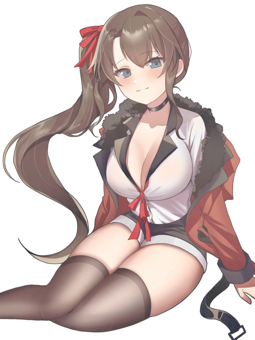 1girl black_choker black_shorts blue_eyes breasts brown_hair brown_thighhighs buttons choker cleavage closed_mouth collared_shirt commission dress_shirt female_commander_(girls'_frontline) fur_trim girls'_frontline hair_ribbon highres jacket large_breasts long_sleeves micro_shorts off_shoulder open_clothes open_jacket phago red_jacket red_ribbon ribbon shirt shirt_tucked_in shorts side_ponytail sidelocks simple_background sitting smile solo termichan_(not-a-bot) thick_thighs thighhighs thighs white_background white_shirt yokozuwari