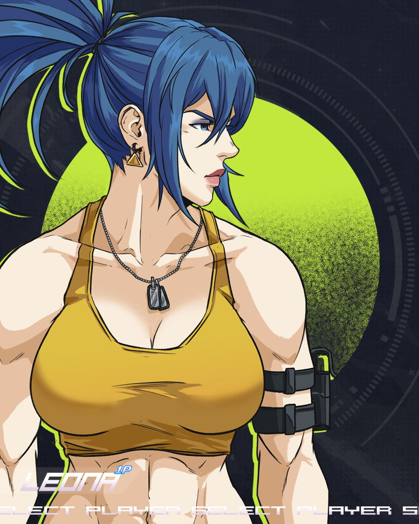 1girl abs armlet blue_eyes blue_hair breasts character_name character_select collarbone dog_tags earrings highres jewelry jhony_caballero leona_heidern midriff muscular muscular_female navel ponytail sleeveless solo tank_top the_king_of_fighters the_king_of_fighters_xv triangle_earrings yellow_tank_top