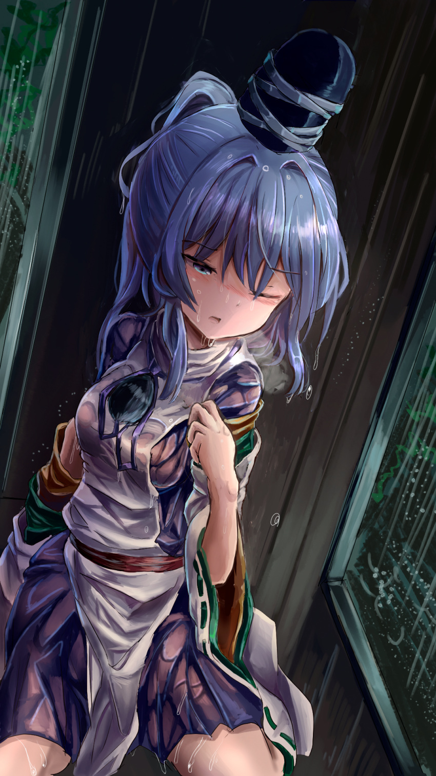 1girl black_headwear blue_eyes blue_hair blush breasts commentary_request dress feet_out_of_frame hair_between_eyes hair_intakes hat highres japanese_clothes kariginu long_bangs long_hair long_sleeves medium_breasts mononobe_no_futo neck_ribbon one_eye_closed open_mouth ponytail purple_dress purple_ribbon rain ribbon ribbon-trimmed_sleeves ribbon_trim sensi_tobikage solo tate_eboshi touhou water wet wet_clothes wide_sleeves
