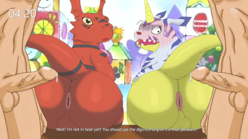 16:9 anthro bandai_namco big_butt butt digimon digimon_(species) duo english_text gabumon genitals guilmon hi_res horn human humanoid_genitalia humanoid_penis interspecies looking_back looking_confused male male/male mammal nekoni penis tail text widescreen