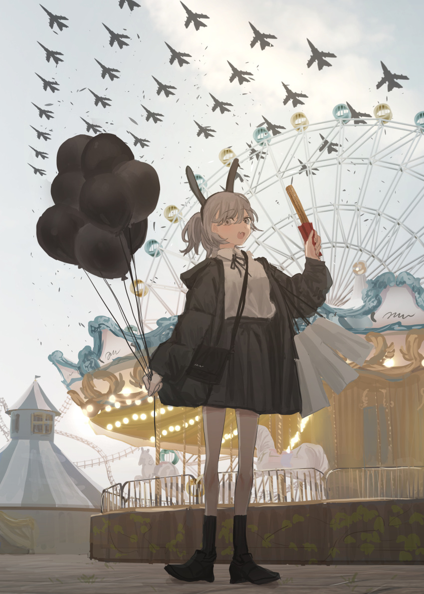 1girl absurdres air_show aircraft airplane amusement_park animal_ears arm_up bag balloon black_footwear black_ribbon black_skirt black_socks carousel churro collared_shirt commentary day debris down_jacket fake_animal_ears fang ferris_wheel fighter_jet fleet food full_body grey_eyes grey_hair handbag highres holding holding_balloon holding_food hood hood_down hooded_jacket jacket jet kneehighs long_hair long_sleeves military_vehicle neck_ribbon one_side_up open_mouth original outdoors pleated_skirt raised_eyebrows ribbon roller_coaster shirt shirt_tucked_in shoes shopping_bag shoulder_bag skin_fang skirt smile socks solo standing uotak white_shirt