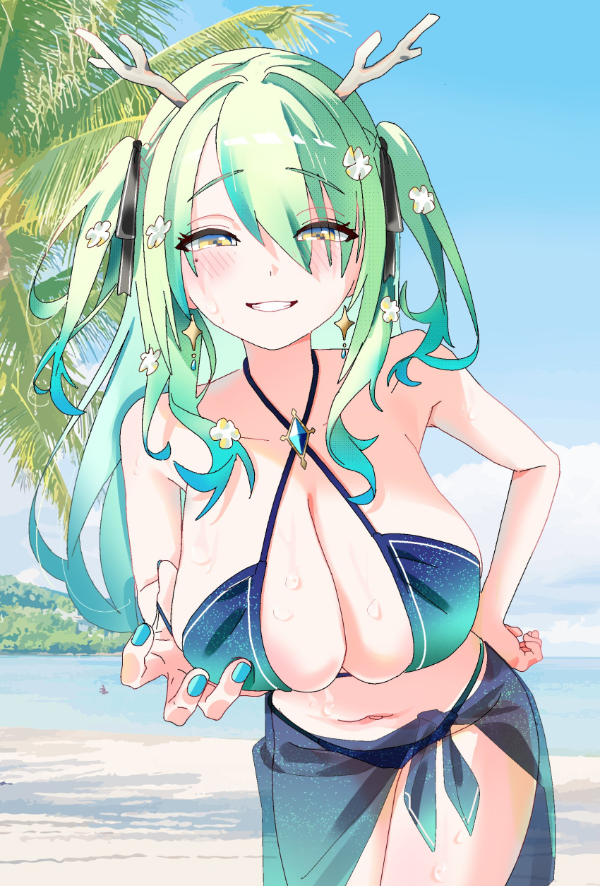 1girl absurdres antlers beach bikini black_bikini black_ribbon blue_bikini blush breasts ceres_fauna clothes_pull earrings flower gem gradient_bikini green_bikini green_hair green_nails gurumie hair_flower hair_ornament hair_ribbon hand_on_own_hip highres hololive hololive_english jewelry large_breasts leaning_forward long_hair mole mole_under_eye navel ocean outdoors ribbon sarong smile smug swimsuit twintails virtual_youtuber yellow_eyes