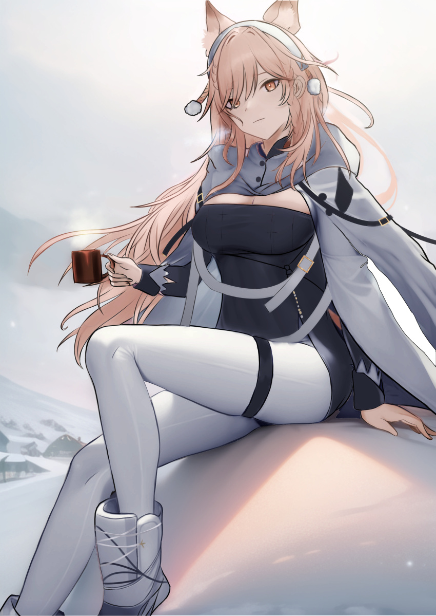 1girl absurdres animal_ears arknights black_dress boots breasts cleavage commentary_request cup dress hairband highres holding holding_cup jacket large_breasts leggings long_hair looking_at_viewer mug official_alternate_costume pants pink_eyes pink_hair pozyomka_(arknights) pozyomka_(snowy_plains_in_words)_(arknights) sitting solo tenjinmeshi very_long_hair white_footwear white_hairband white_jacket white_pants wolf_ears