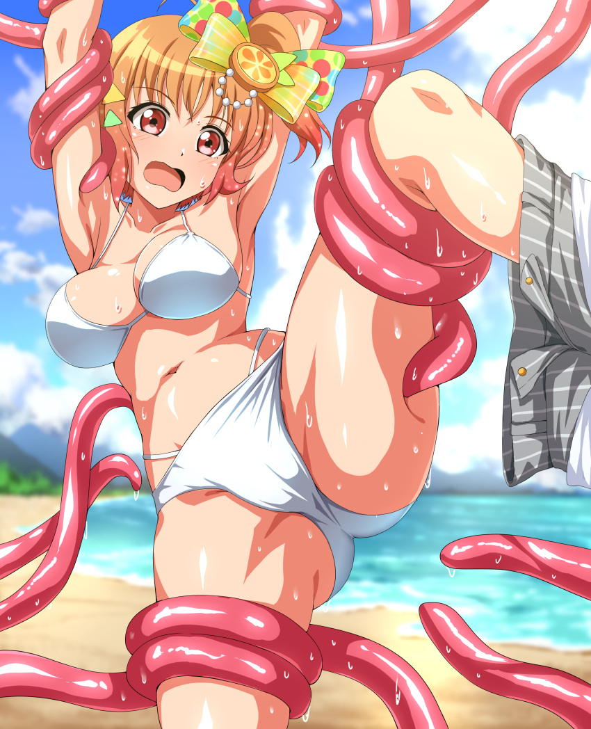 1girl absurdres ahoge ass beach bikini blue_sky blurry blurry_background blush bow breasts clothes_removed cloud collarbone hair_bow highres imminent_rape large_breasts love_live! love_live!_sunshine!! navel open_mouth orange_hair outdoors polka_dot polka_dot_bow red_eyes restrained short_hair sky spread_legs sweat swimsuit takami_chika tentacles white_bikini zanntetu