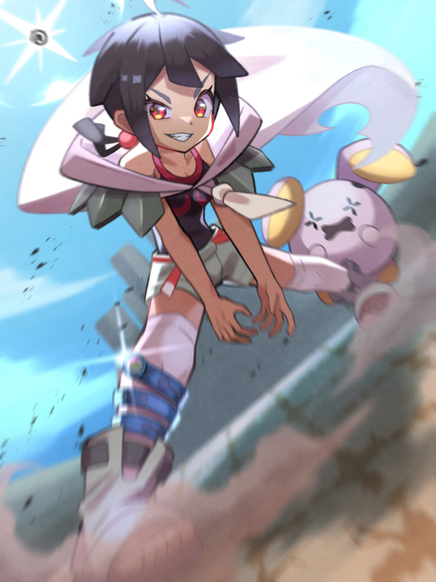 1girl anklet belt black_hair black_shirt blurry boots cloak cloud commentary_request day eyelashes from_below grey_footwear grey_shorts grey_thighhighs grin highres inana_umi jewelry legs_apart outdoors over-kneehighs pokemon pokemon_(creature) pokemon_(game) pokemon_oras red_belt red_eyes rope_belt shirt short_shorts shorts sky smile squatting teeth thighhighs toeless_footwear whismur zinnia_(pokemon)