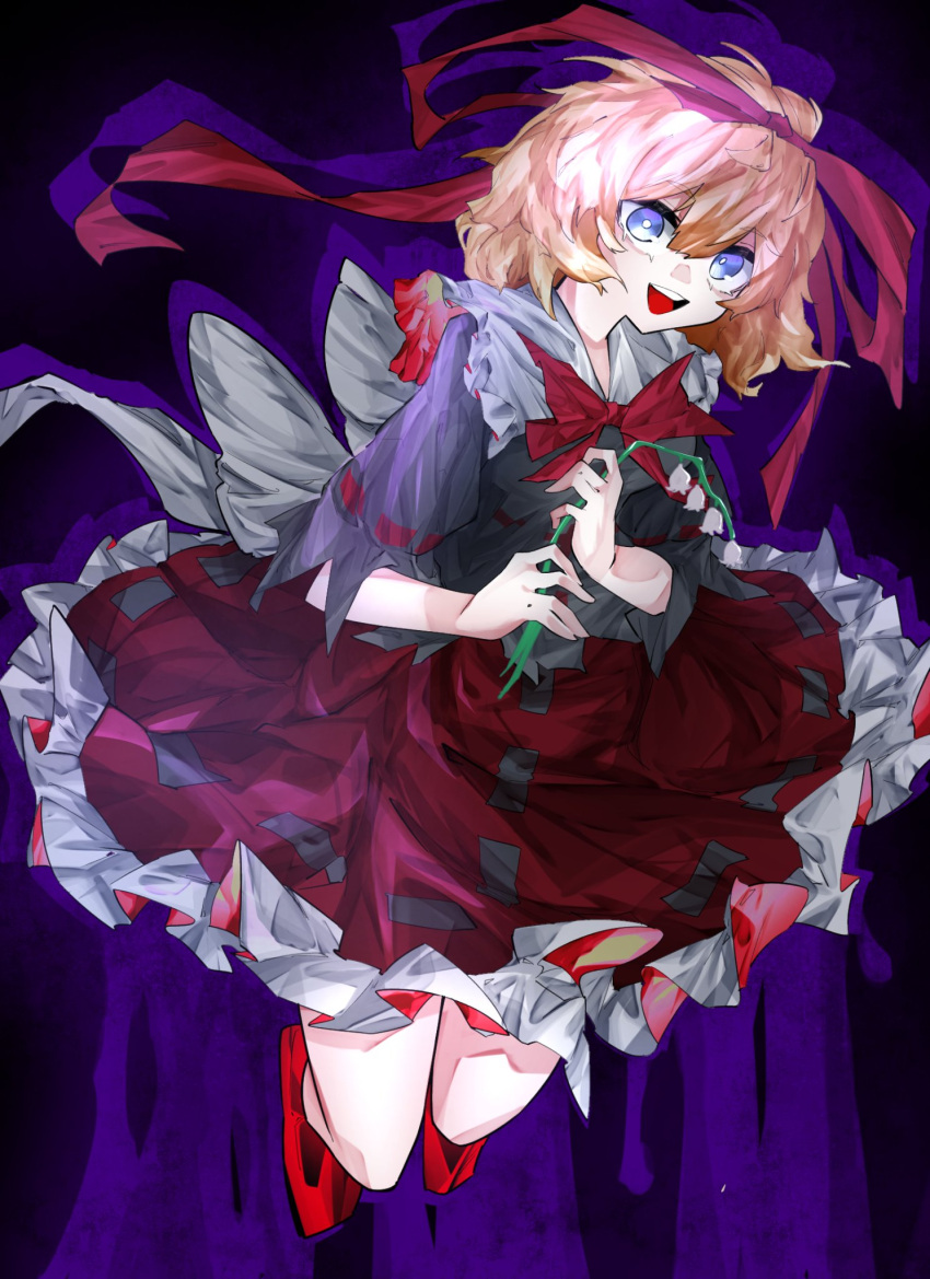 1girl alt_text black_shirt blue_eyes commentary flower full_body hair_ribbon highres holding holding_flower lily_of_the_valley medicine_melancholy open_mouth red_footwear red_ribbon ribbon ribbon-trimmed_skirt ribbon_trim shirt short_sleeves solo teeth touhou upper_teeth_only vivo_(vivo_sun_0222) white_flower