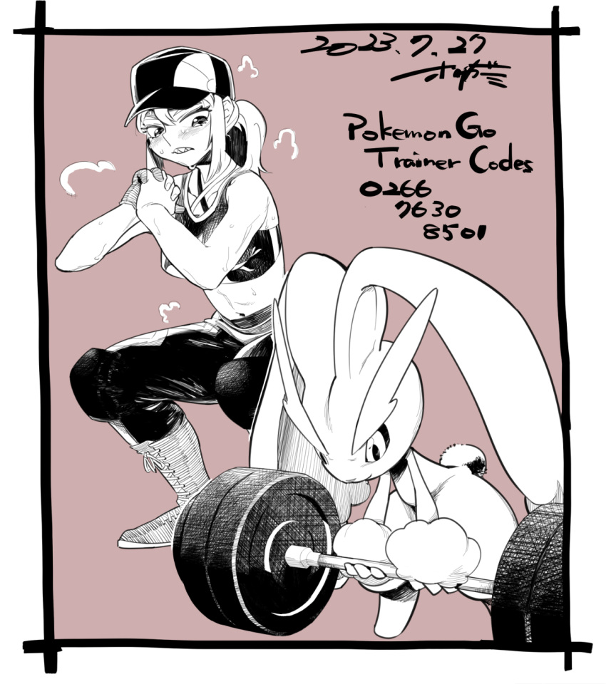 2girls animal_ears animal_nose artist_name bare_shoulders baseball_cap blush body_fur boots border breasts closed_mouth collarbone commentary_request copyright_name cross-laced_footwear dated dumbbell english_text exercise female_protagonist_(pokemon_go) flat_chest friend_code furry furry_female gloves greyscale_with_colored_background hands_up hat highres holding holding_dumbbell interlocked_fingers knee_pads leaning_forward leggings long_hair looking_at_another looking_down looking_to_the_side lopunny medium_breasts midriff monochrome multiple_girls navel origami_(zoukibayashi) own_hands_together parted_lips pointy_ears poke_ball_symbol pokemon pokemon_(creature) pokemon_(game) pokemon_go ponytail rabbit_ears rabbit_girl rabbit_tail red_background sharp_teeth sidelocks signature simple_background single_glove sketch sports_bra squatting standing steam steaming_body sweat tail teeth thick_thighs thighs white_border