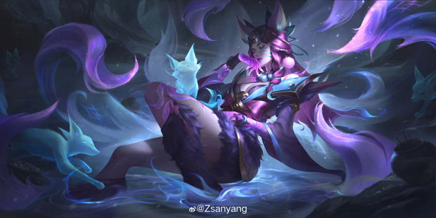1girl absurdres ahri_(league_of_legends) animal_ears artist_name chinese_commentary closed_eyes closed_mouth eyeshadow facial_mark fog forest fox fox_ears fox_girl fox_tail full_body glowing_arm hair_ornament highres league_of_legends light lipstick long_hair makeup multiple_tails nature official_alternate_costume official_alternate_hairstyle outdoors purple_hair purple_lips signature sitting smile snow_moon_ahri solo spirit tail wading whisker_markings zsanyang