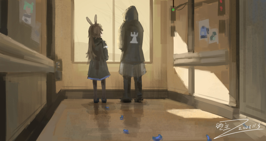 1girl 1other ambiguous_gender amiya_(arknights) animal_ears arknights black_jacket black_pants black_pantyhose brown_hair dated day doctor doctor_(arknights) facing_away full_body hallway highres indoors jacket long_hair painterly pants pantyhose petals picture_(object) rabbit_ears rabbit_girl rhodes_island_logo shadow signature standing sunlight window woshijuezhu