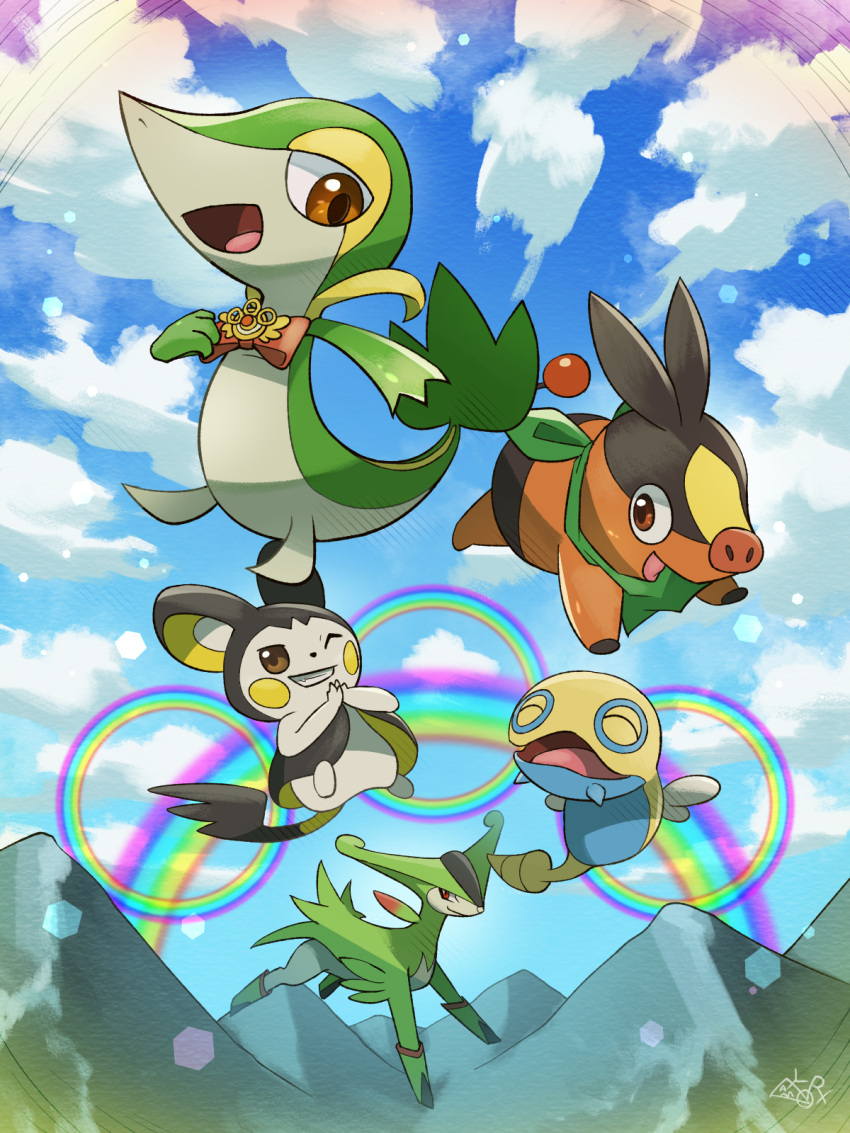 bandana blue_sky bow bowtie closed_eyes clothed_pokemon cloud day dunsparce emolga green_bandana hakkentai_pokedan highres looking_at_viewer no_humans one_eye_closed open_mouth outdoors pokemon pokemon_(creature) rainbow red_bow red_bowtie sky snivy tepig virizion