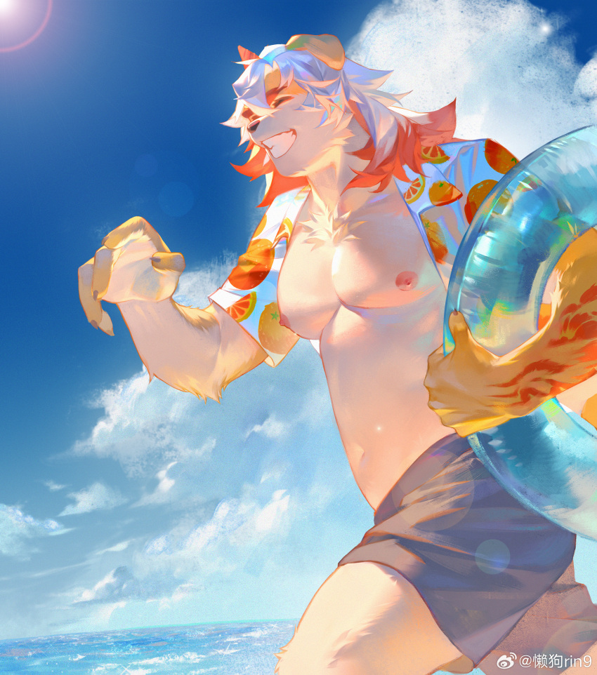 1boy absurdres animal_ears arknights bad_id bad_weibo_id bara bare_pectorals brown_fur dog_boy dog_ears feet_out_of_frame from_side furry furry_male hawaiian_shirt highres horns hung_(arknights) langou_rin9 large_pectorals male_focus multicolored_hair muscular muscular_male nipples orange_print pectorals plump running shirt single_horn solo stomach streaked_hair sunlight thick_eyebrows tiger_boy two-tone_fur